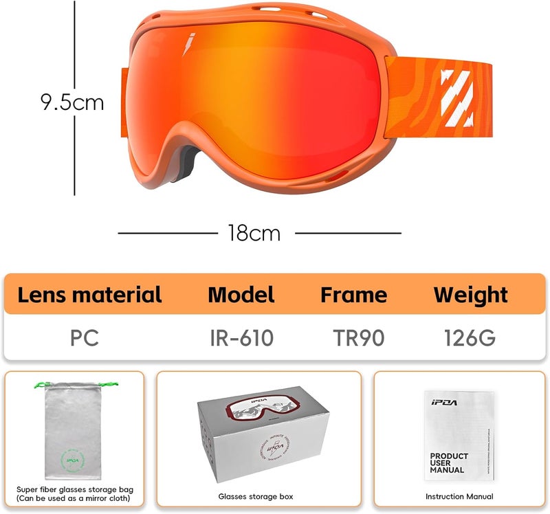IPOA -Spherical Ski Goggles – PC Lens, TPU Frame, UV400 Protection, Anti-Fog Inner Lens, Snowboard & Skiing Eyewear - Image 3